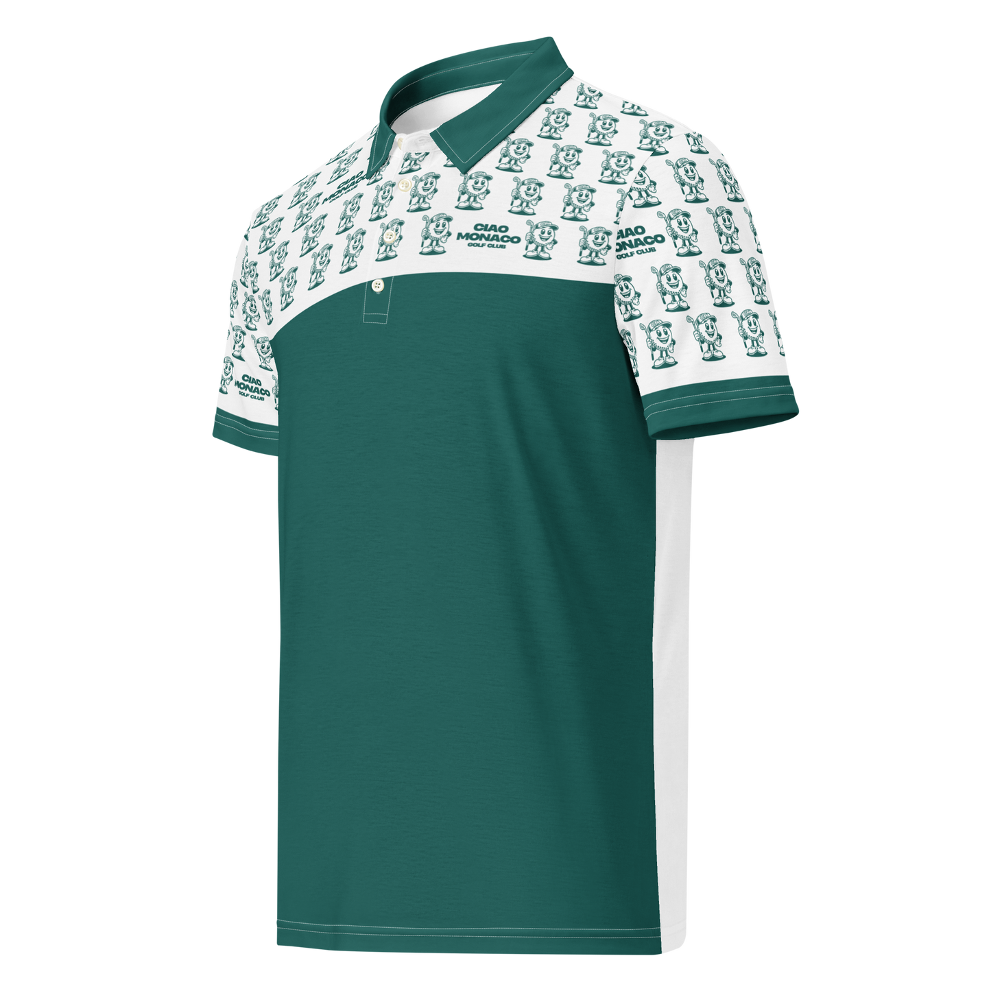 Angled front side view of performance polo with green mascot logo detail
