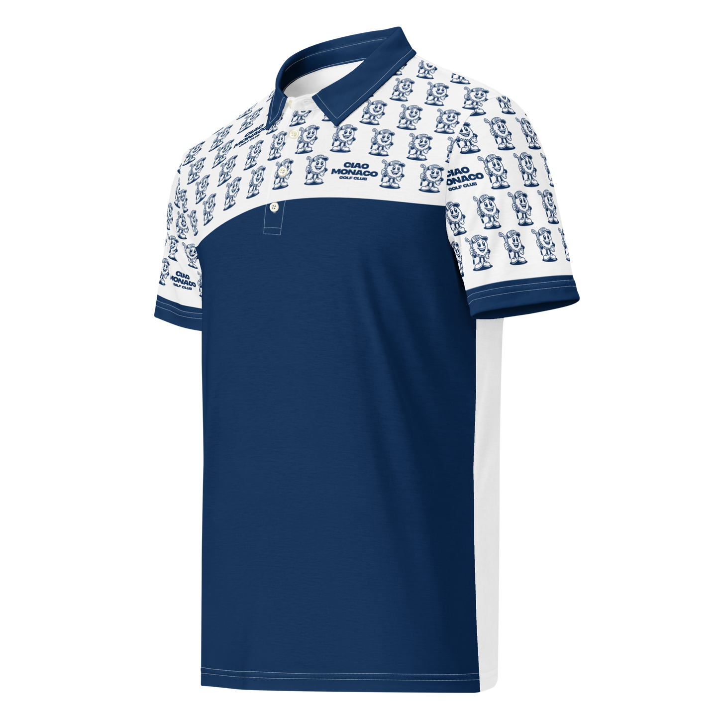 Angled front side view of performance polo with navy mascot logo detail