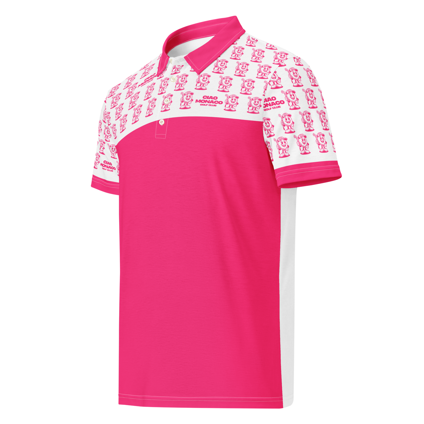 Angled front side view of performance polo with neon pink mascot logo detail