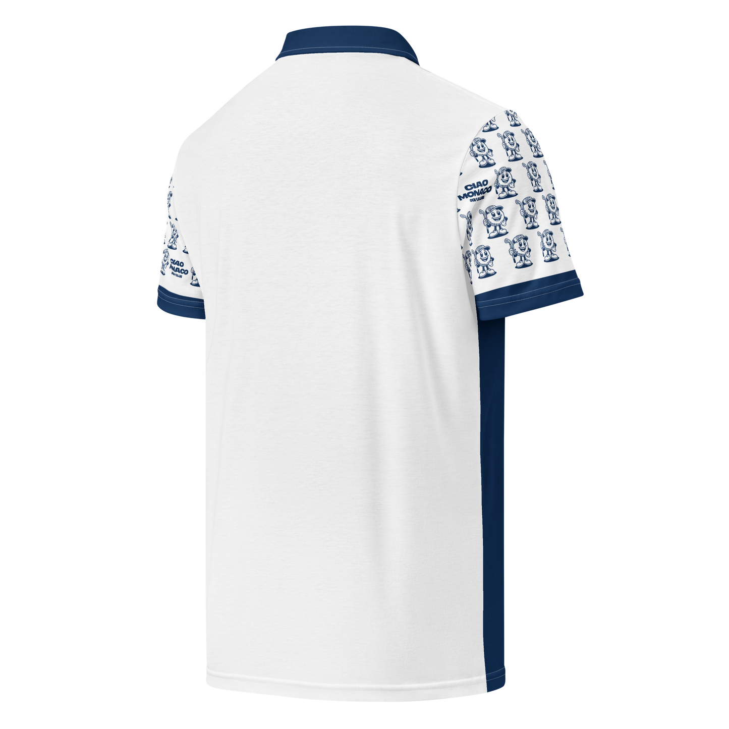 Back side view of navy performance polo highlighting movement-friendly design