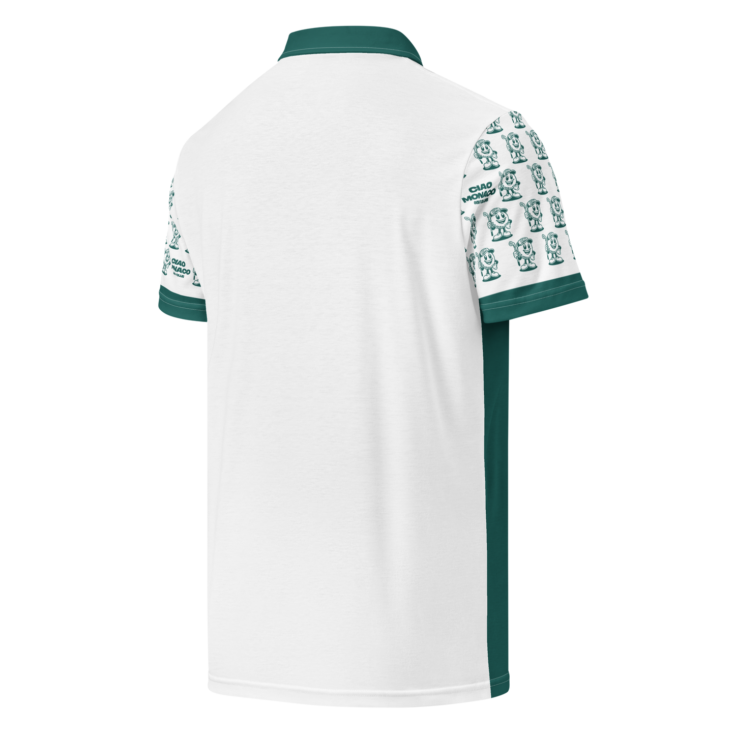 Back side view of performance polo highlighting movement-friendly design