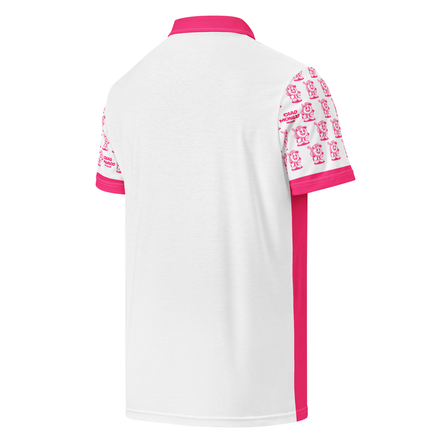 Back side view of performance polo showing fit and shoulder seam design