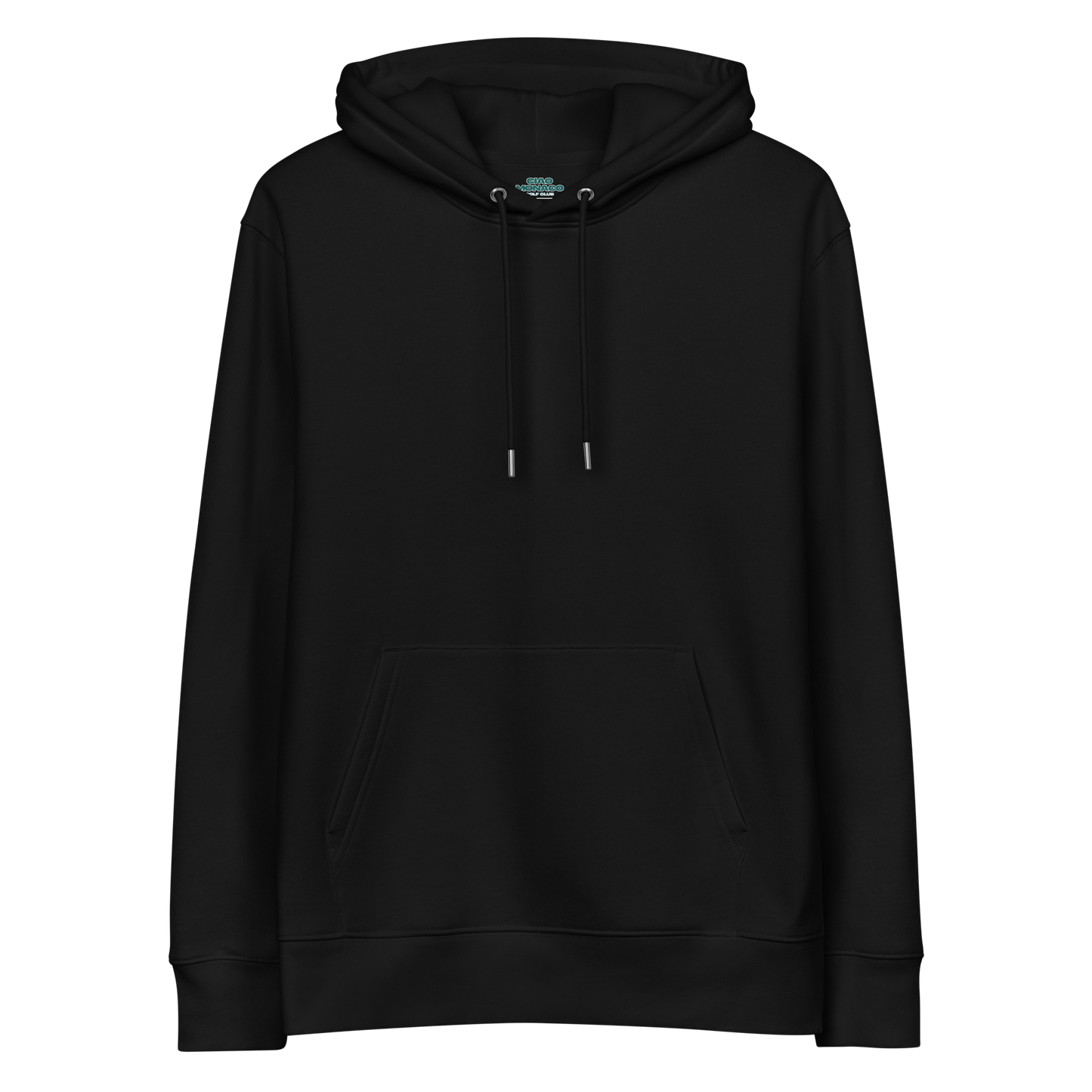 Back view of black hoodie showcasing violet Mulligang statement print on upper back