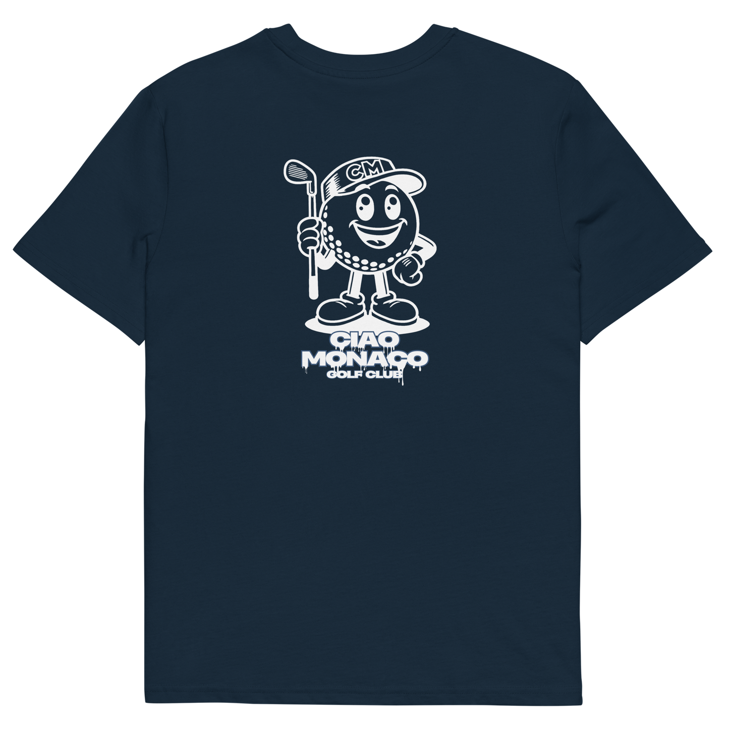 Back view of navy T-shirt featuring iconic white mascot print across the upper back