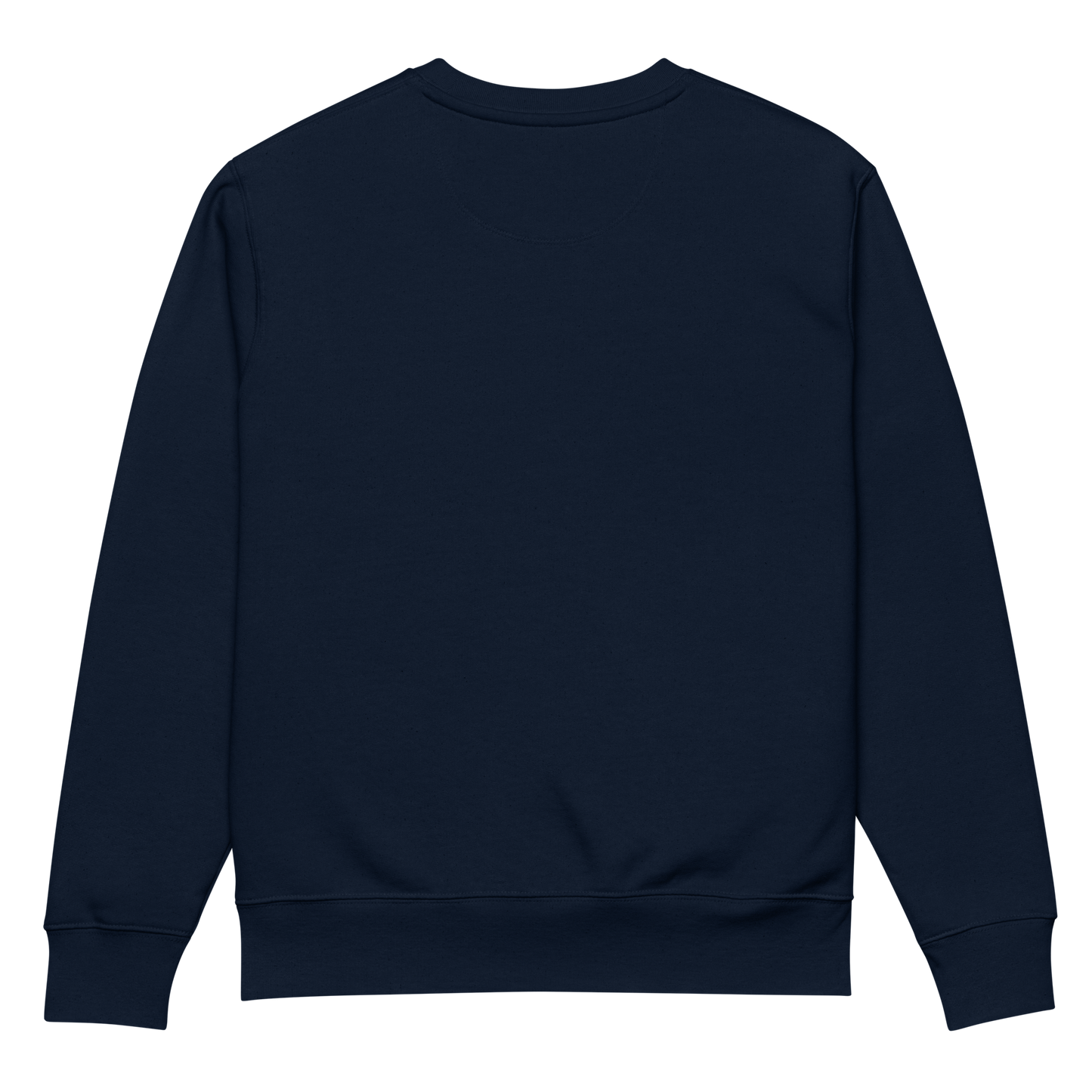 Back view of navy crewneck with soft cotton finish and ribbed hemline
