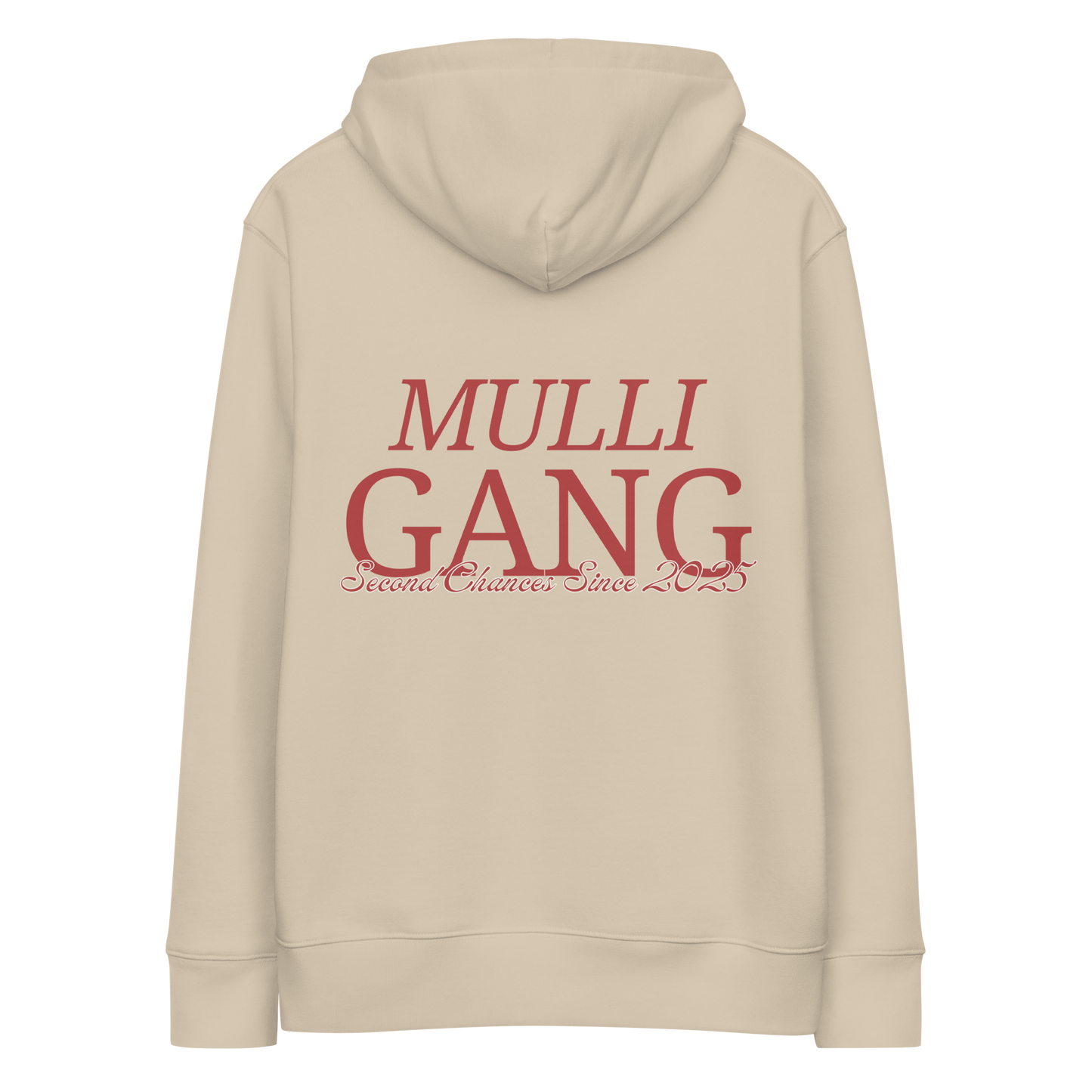 Back view of sand hoodie featuring bold maroon Mulligang statement print across the upper back