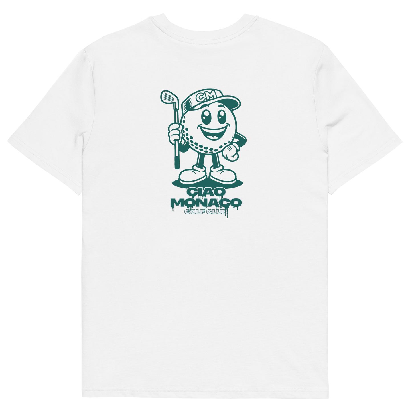 Back view of white T-shirt featuring iconic green mascot print across the upper back