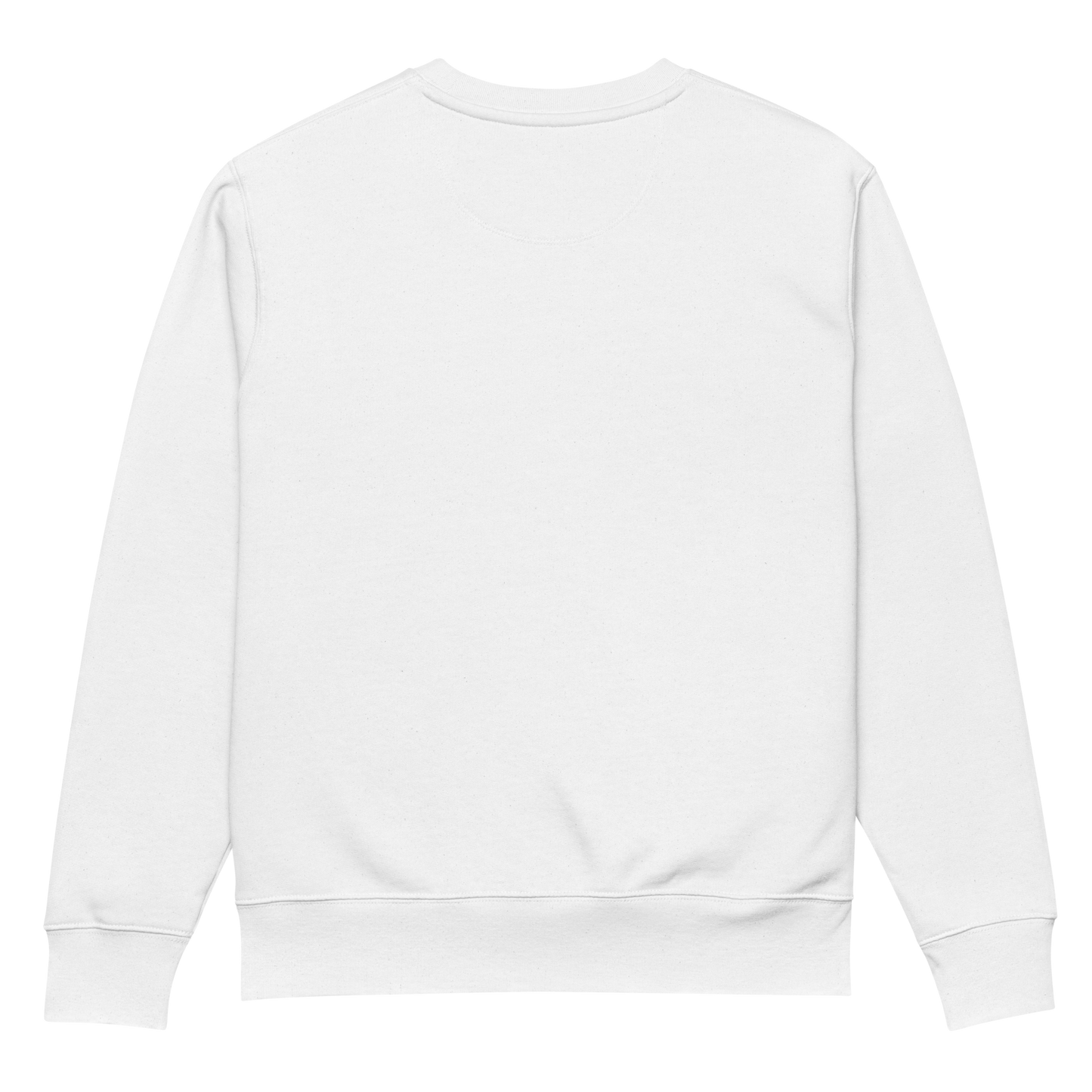 Back view of white crewneck showing comfy fit and high quality fabric detail