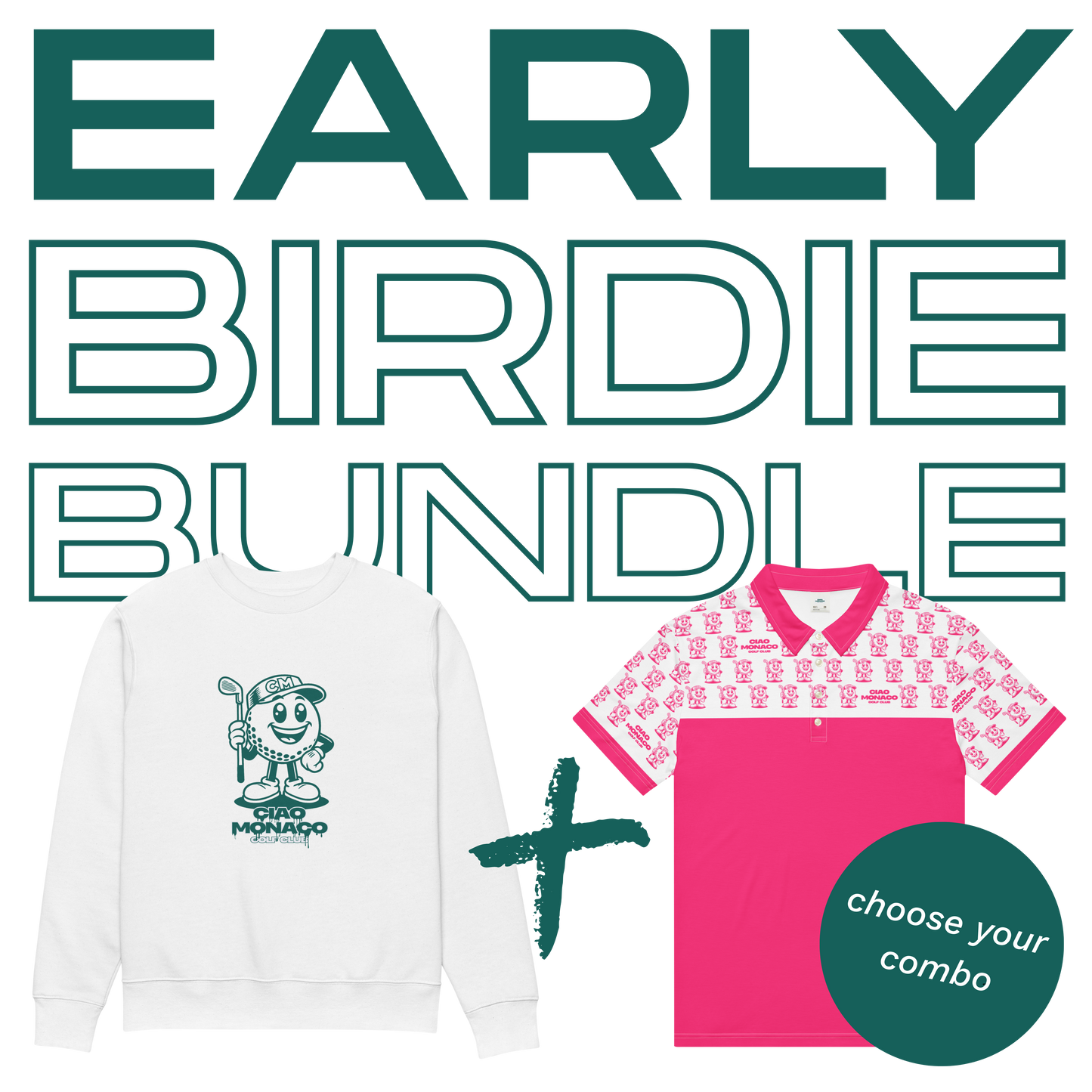 Ciao Monaco golf apparel bundle featuring a colorful polo shirt and matching crew neck sweater