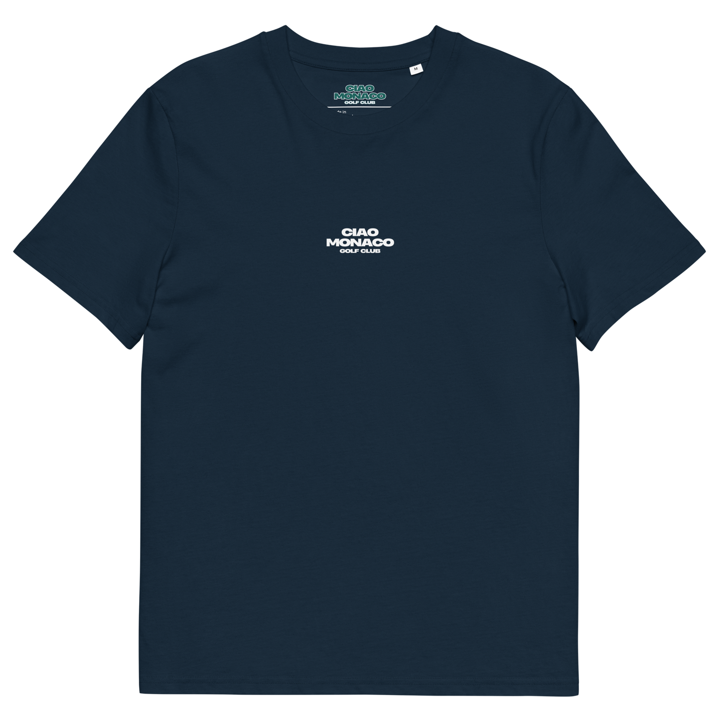 Front view of navy T-shirt with small white iconic logo on the chest