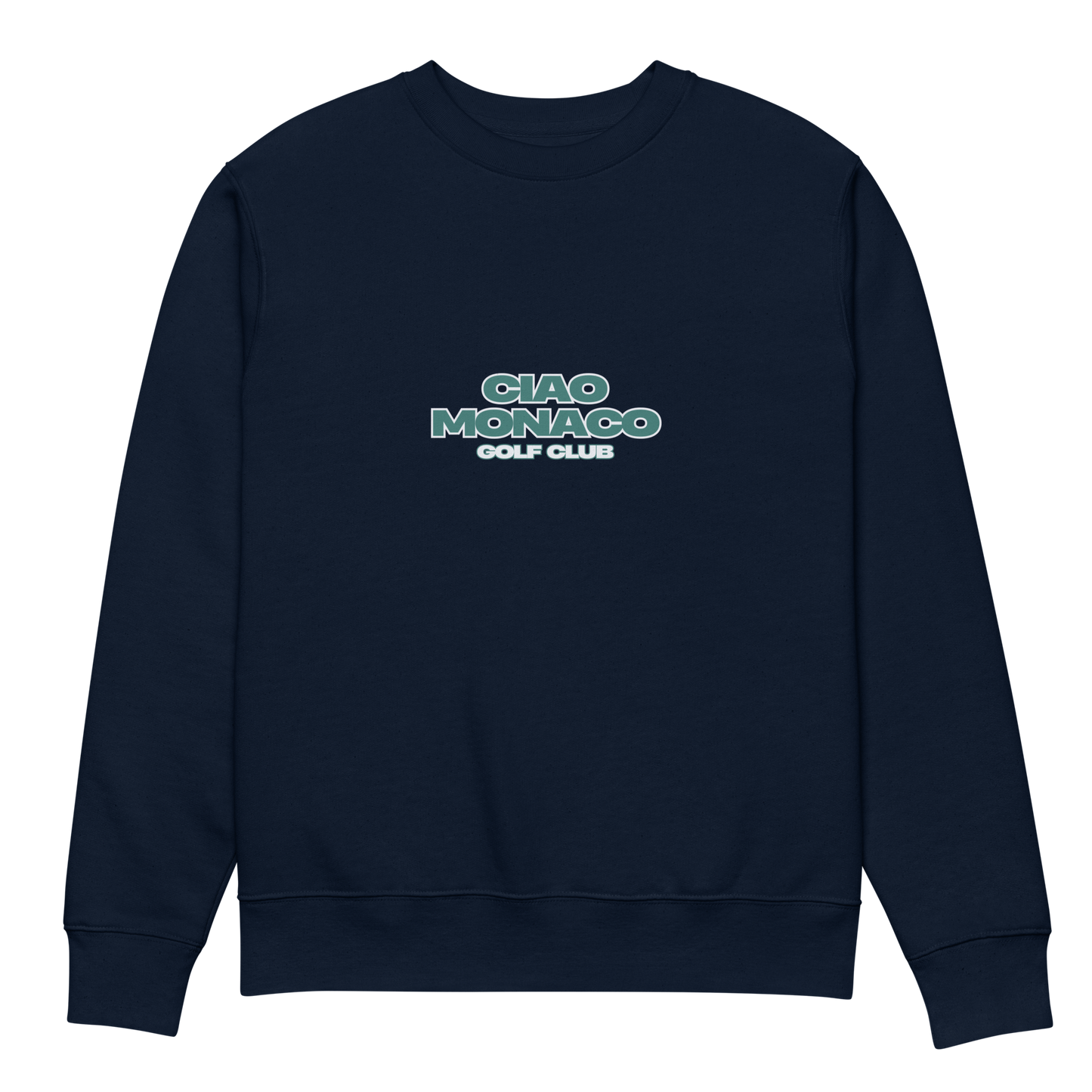 Front view of navy crewneck featuring iconic green logo print on the chest