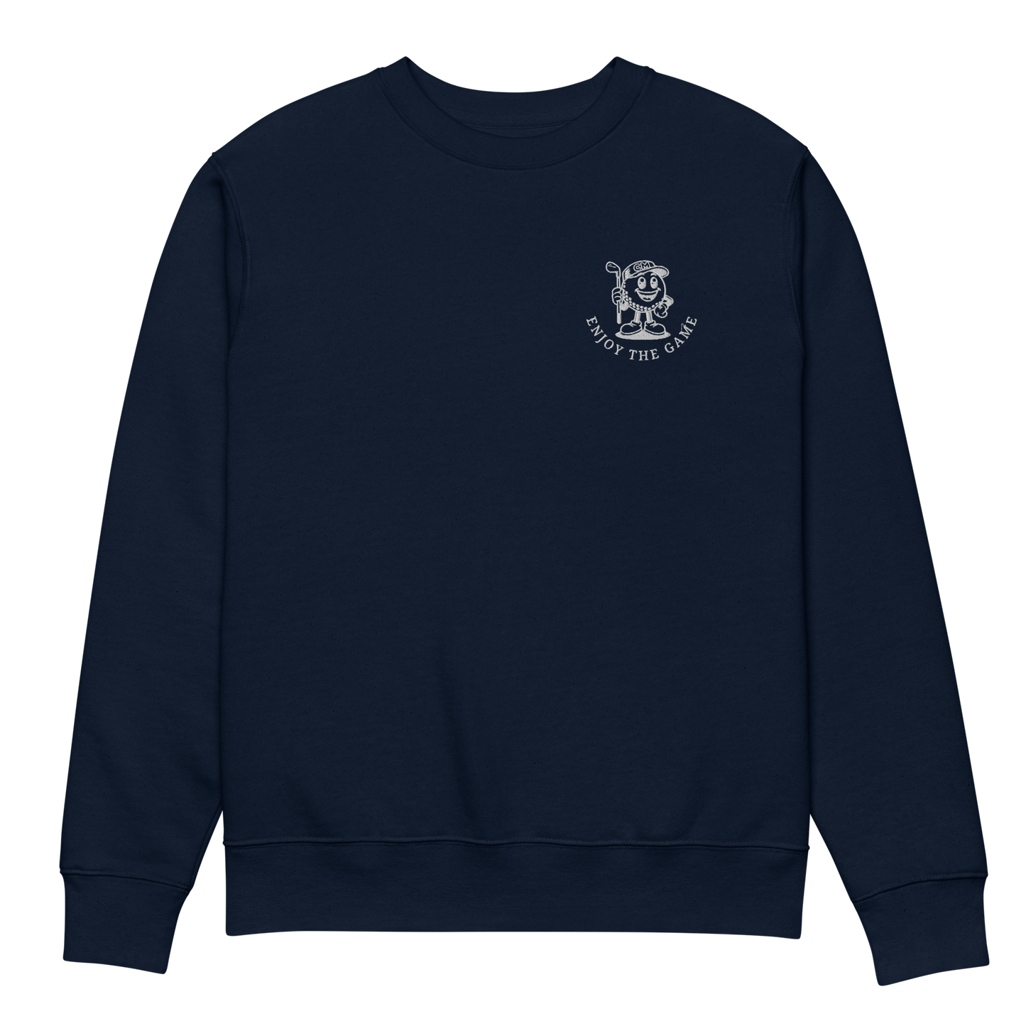 Front view of navy crewneck sweater with white mascot and statement embroidery on the chest