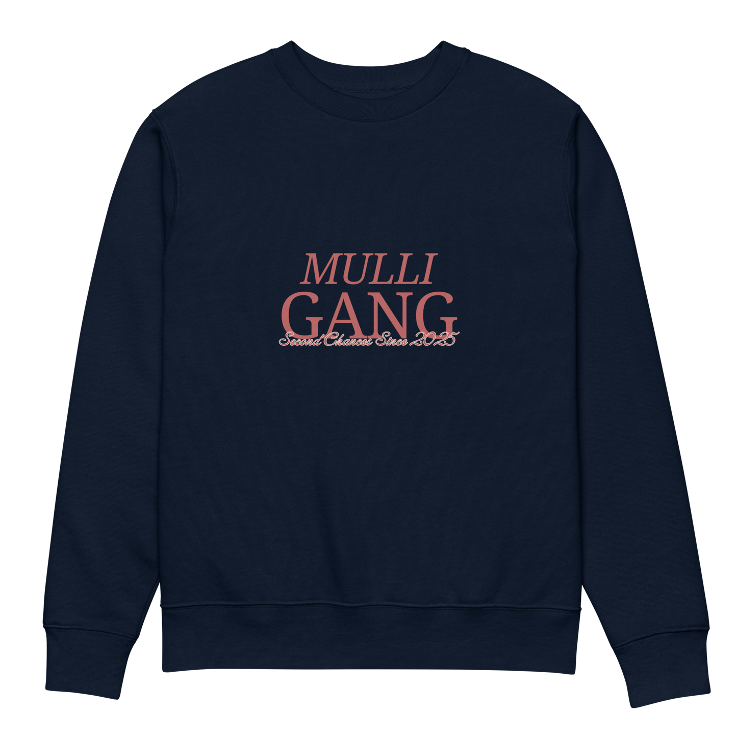Front view of navy crewneck sweatshirt with bold maroon Mulligang statement print on the chest