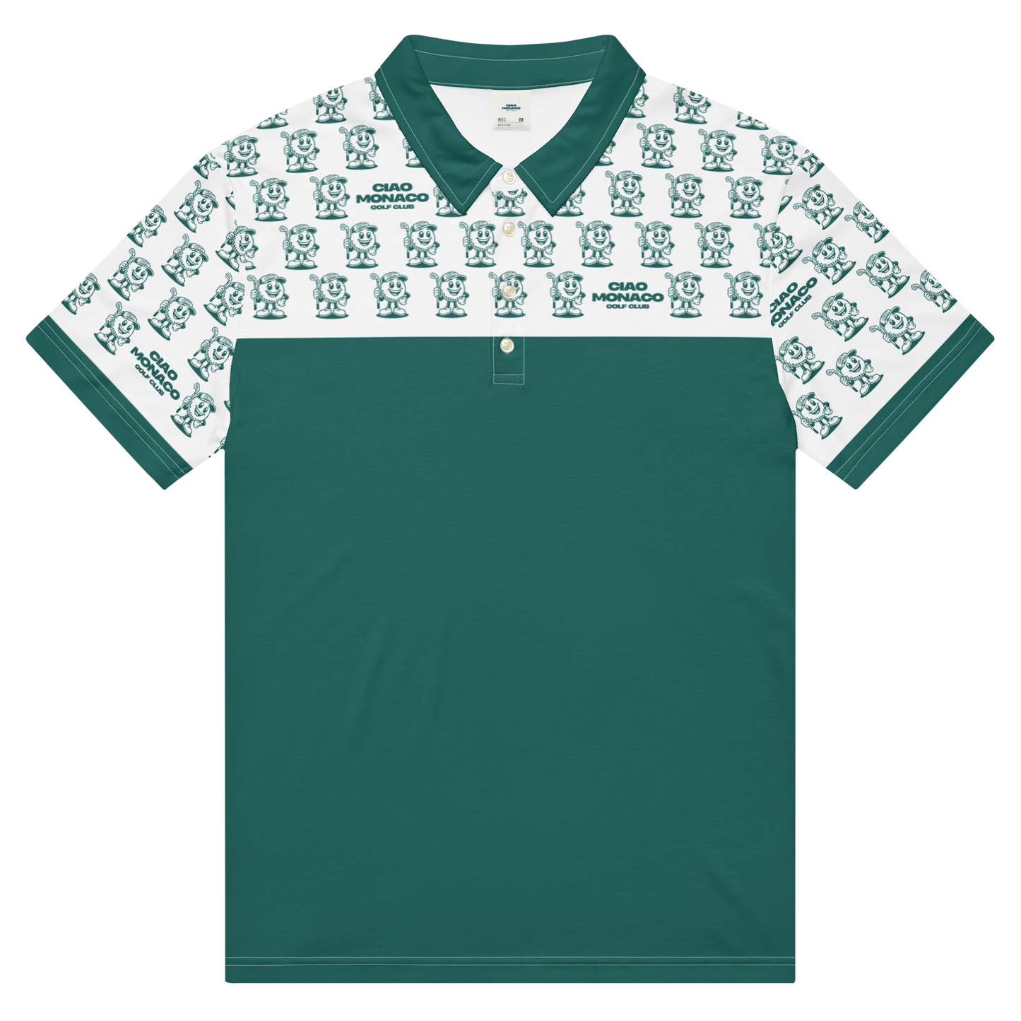 Front view of performance golf polo featuring iconic mascot design in green