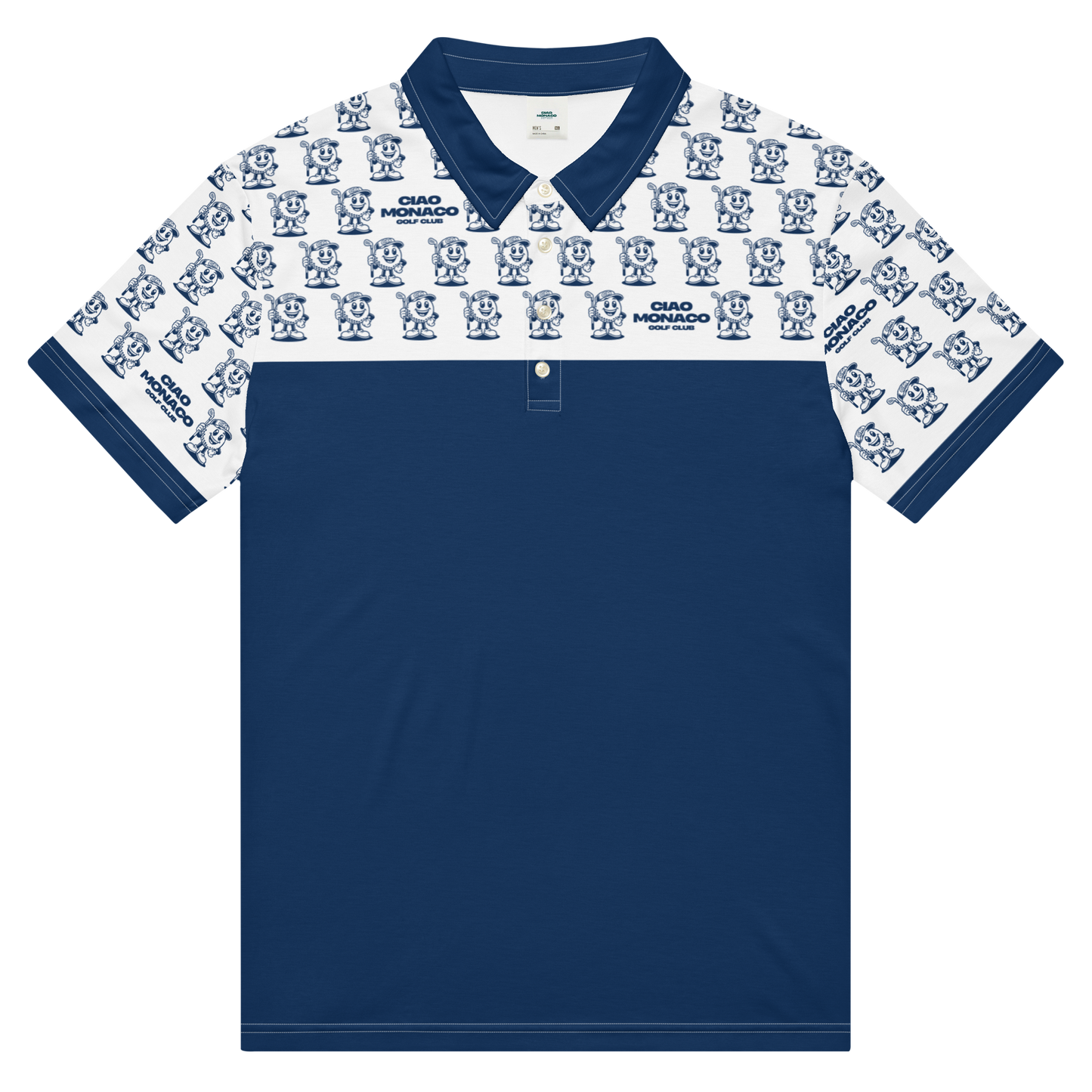 Front view of performance golf polo featuring iconic mascot design in navy