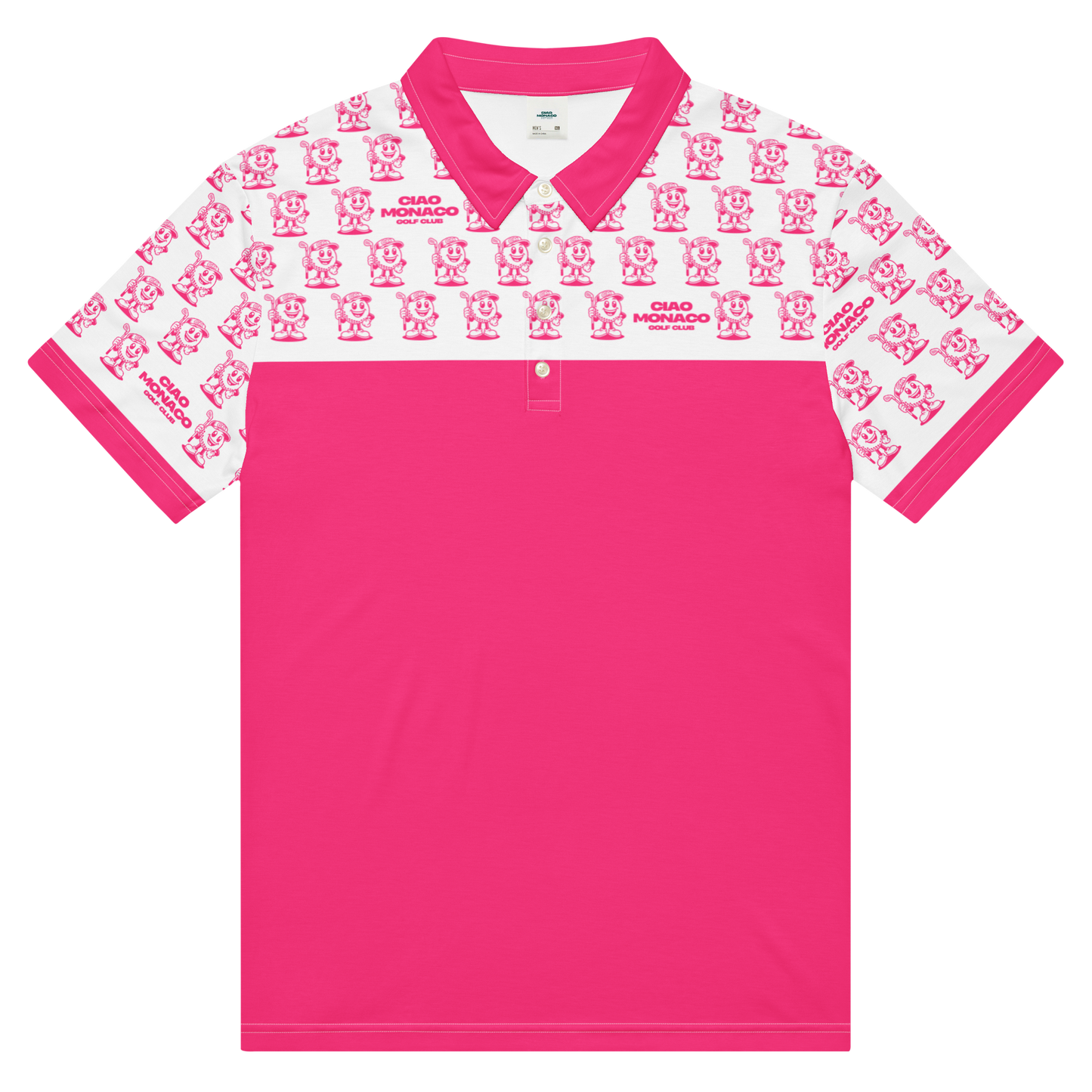 Front view of performance golf polo featuring iconic mascot design in neon pink