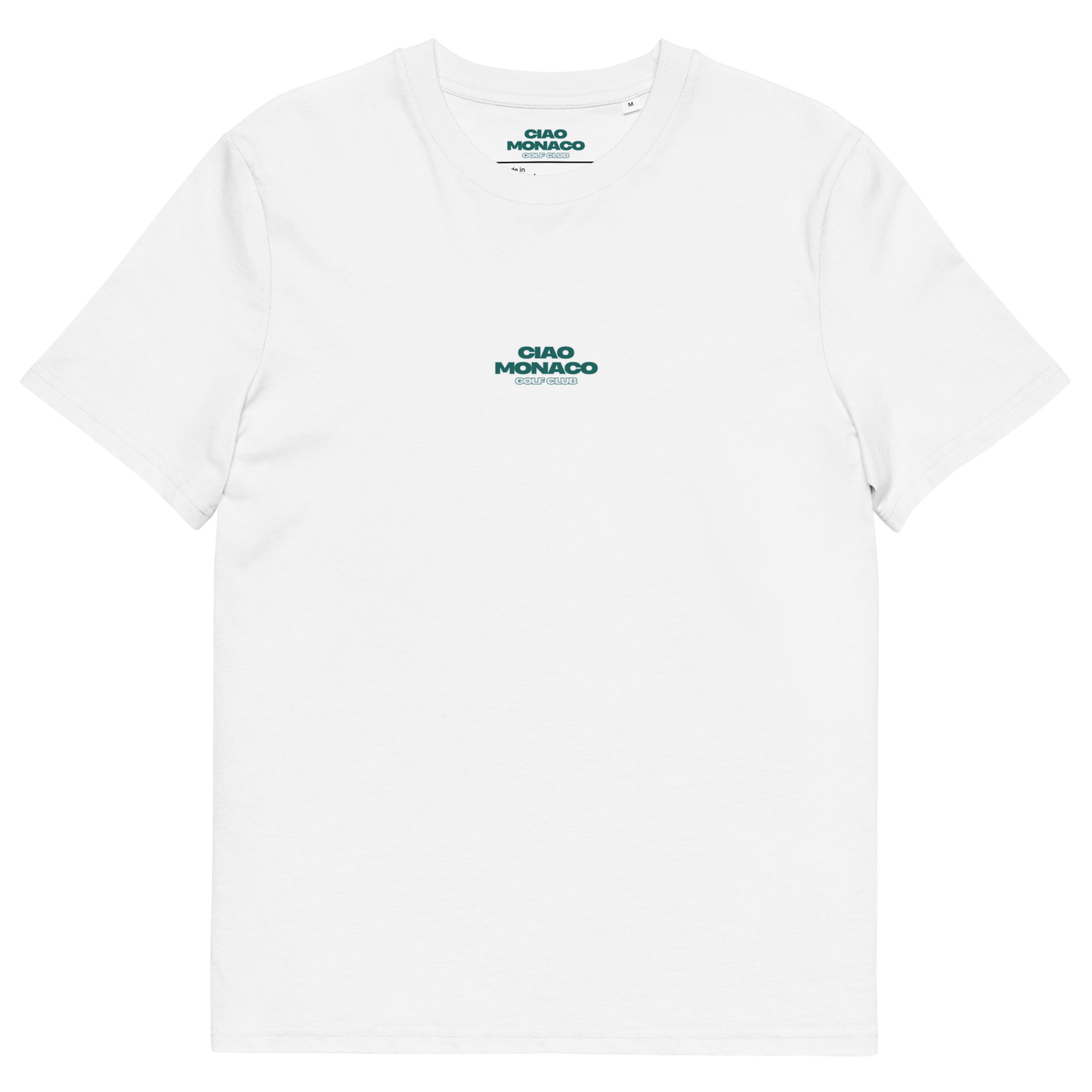 Front view of white T-shirt with small green iconic logo on the chest