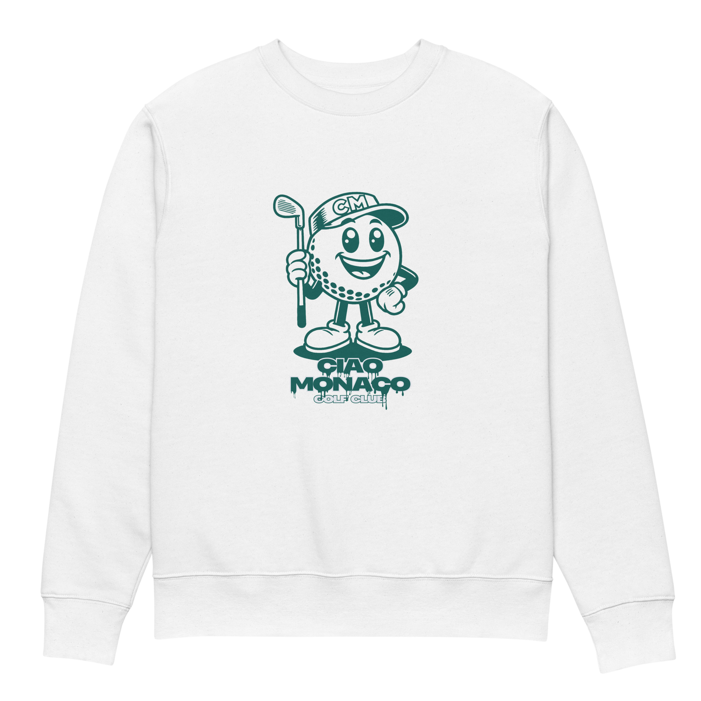 Front view of white crewneck featuring iconic green mascot print centered on the chest
