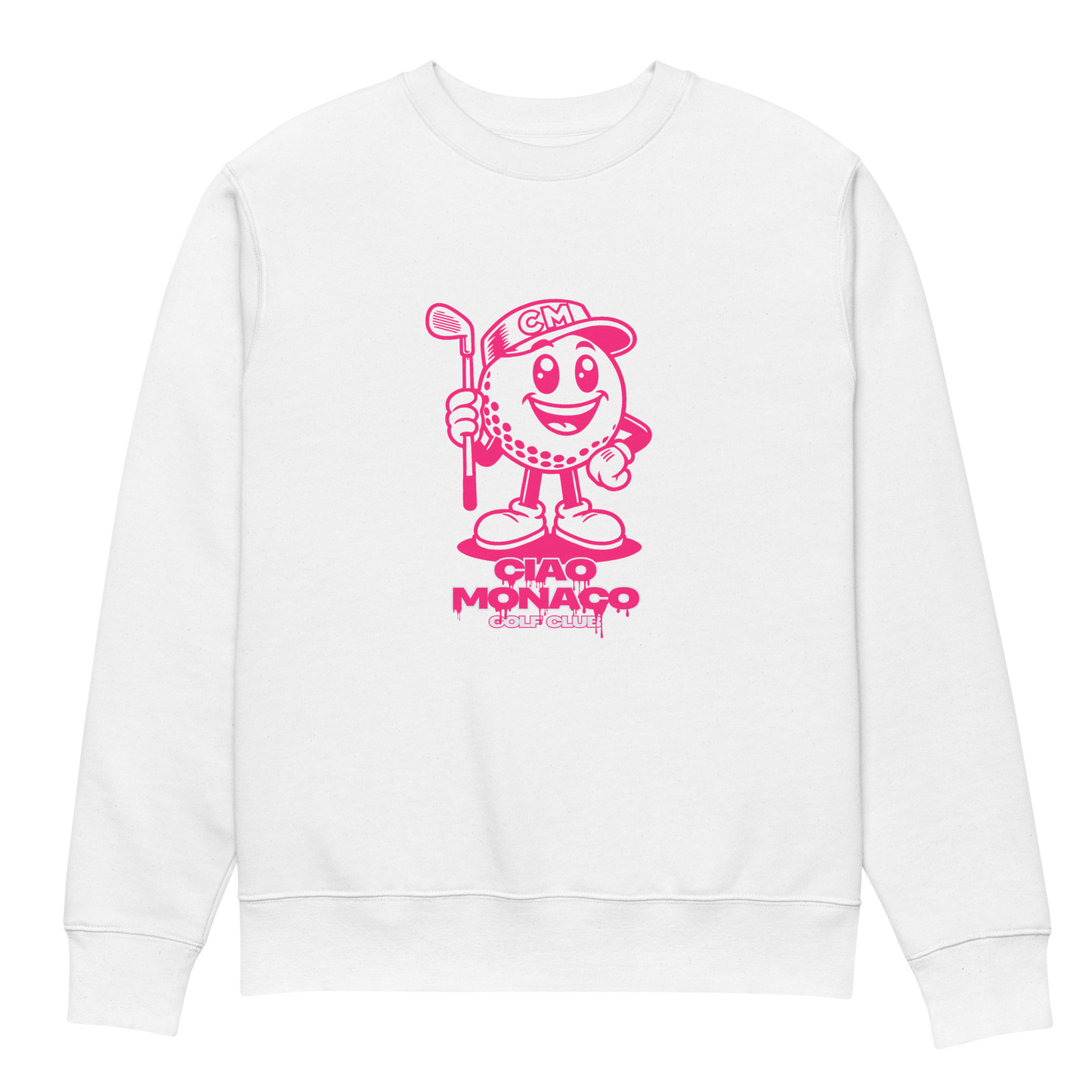 Front view of white crewneck showcasing iconic mascot print in bold neon pink on the chest