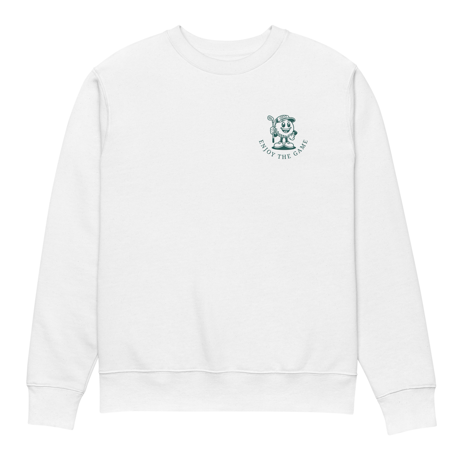 Front view of white crewneck sweater featuring green mascot and bold chest embroidery