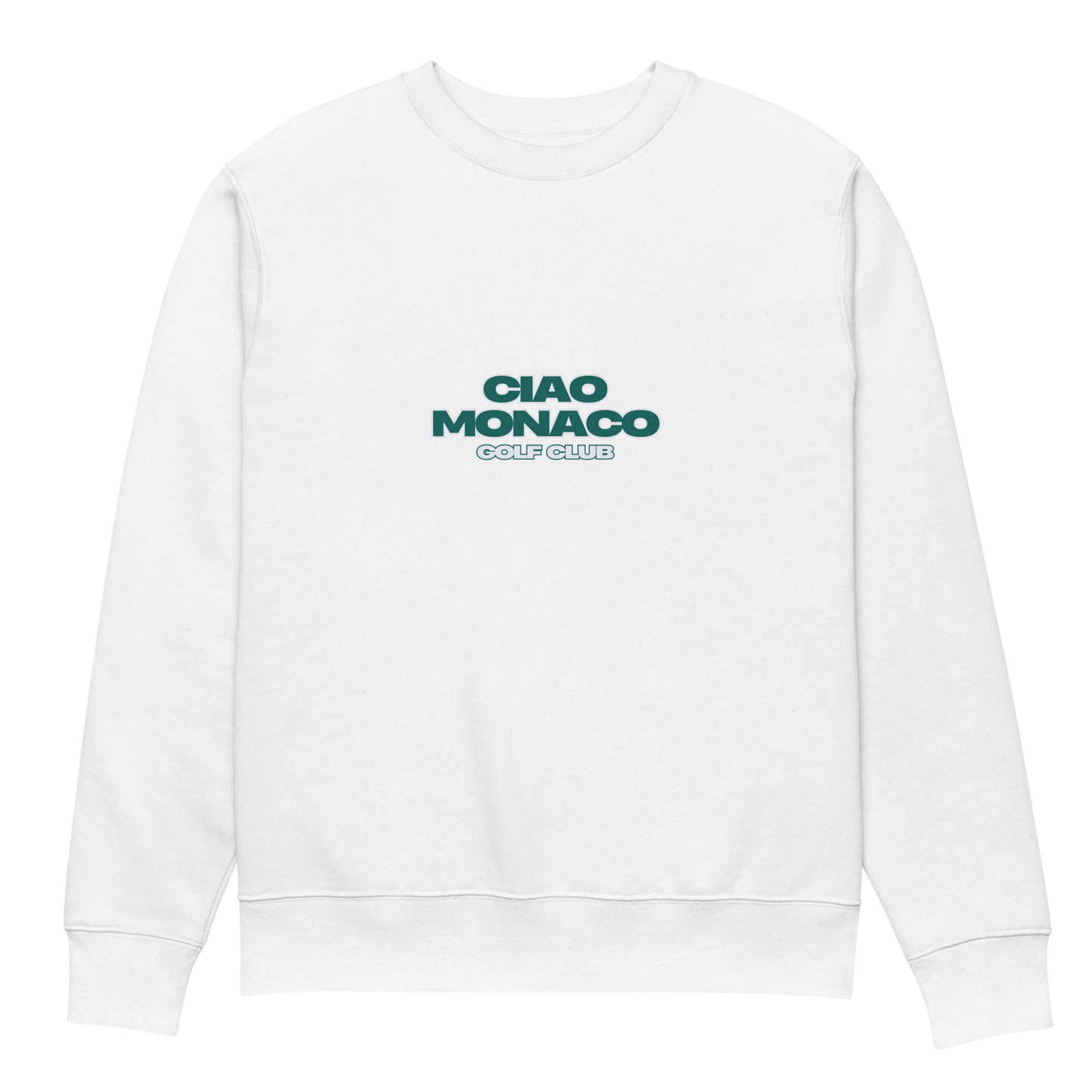 Front view of white crewneck with iconic green logo print centered on the chest
