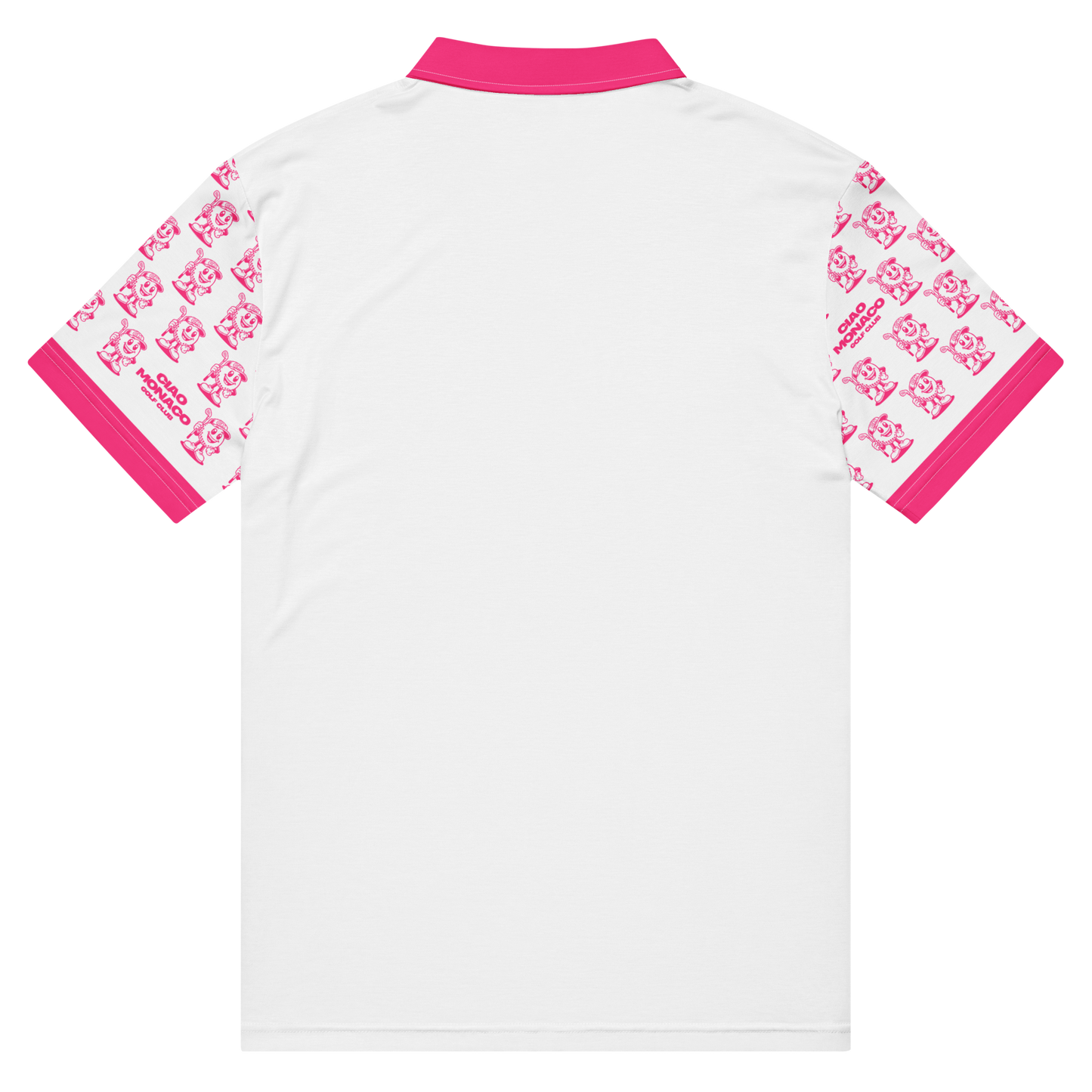Full back view of golf polo shirt with clean athletic cut and stretch fabric