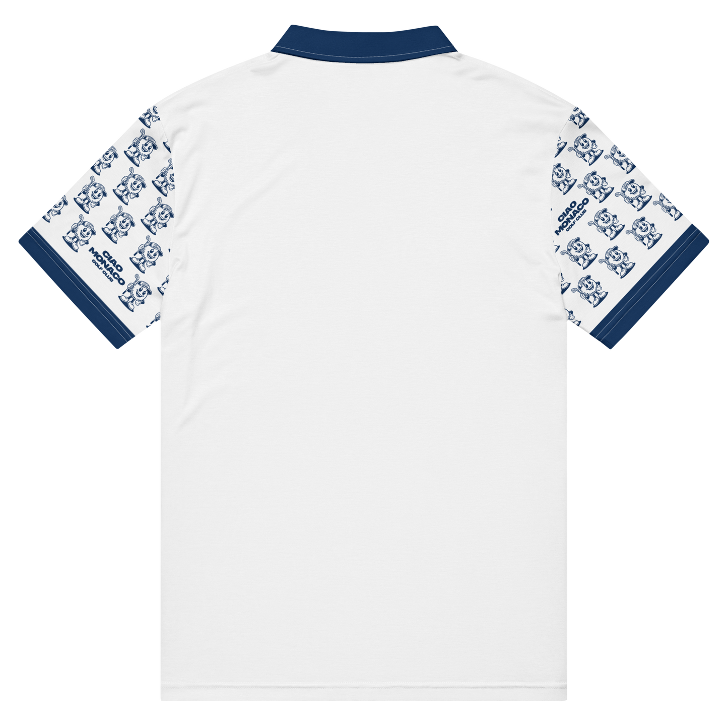 Full back view of navy polo shirt with breathable fabric and modern athletic fit