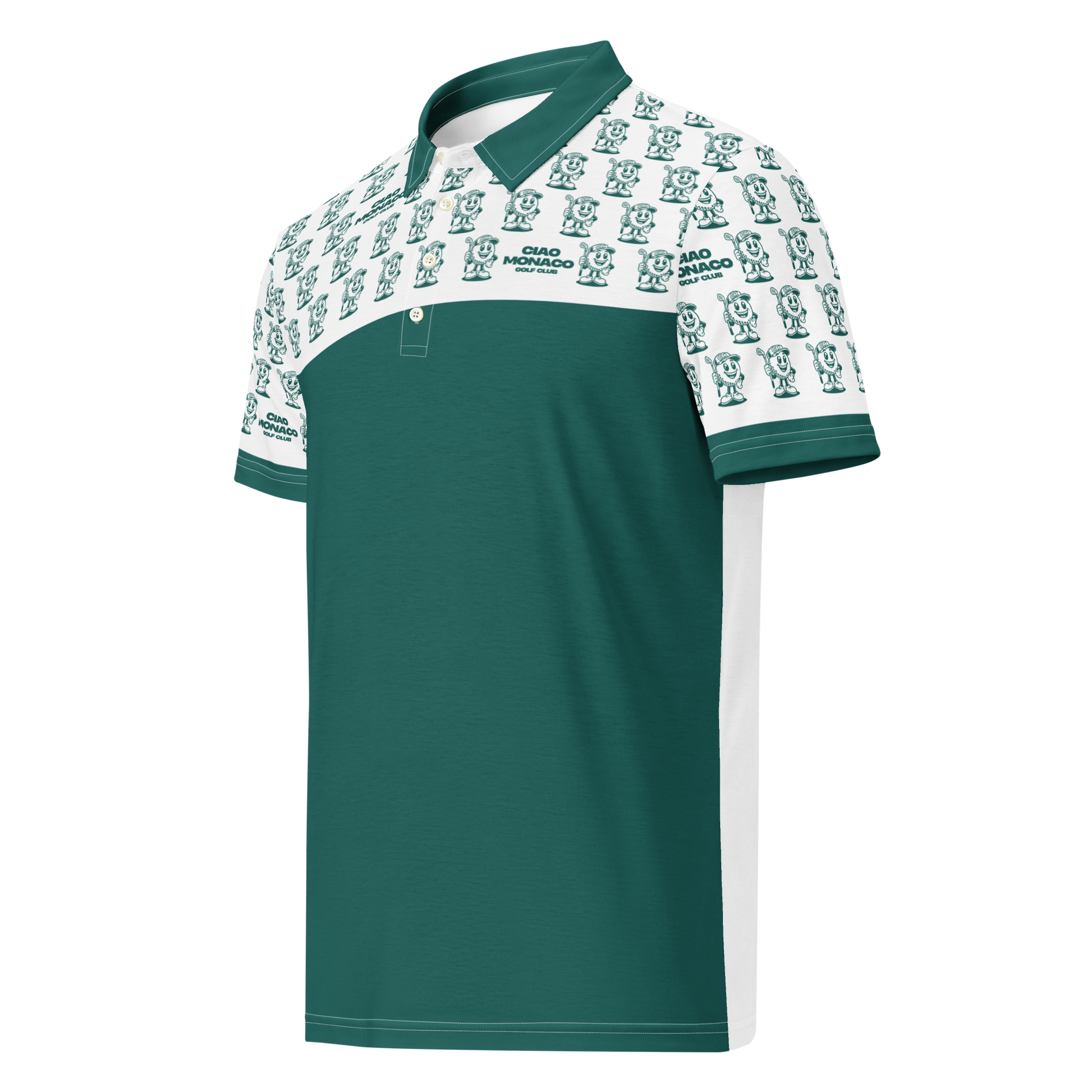 Angled front side view of performance polo with green mascot logo detail