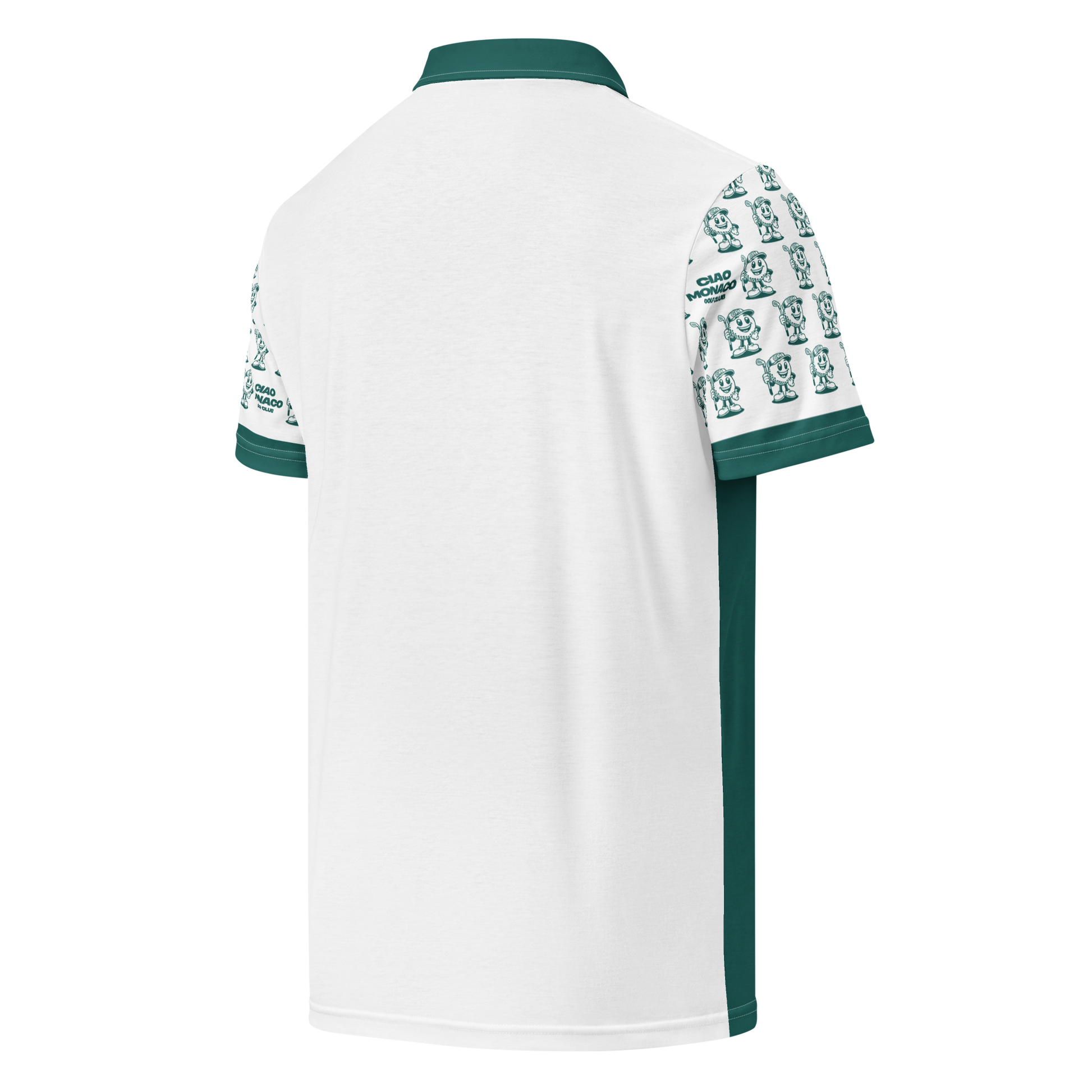 Back side view of performance polo highlighting movement-friendly design