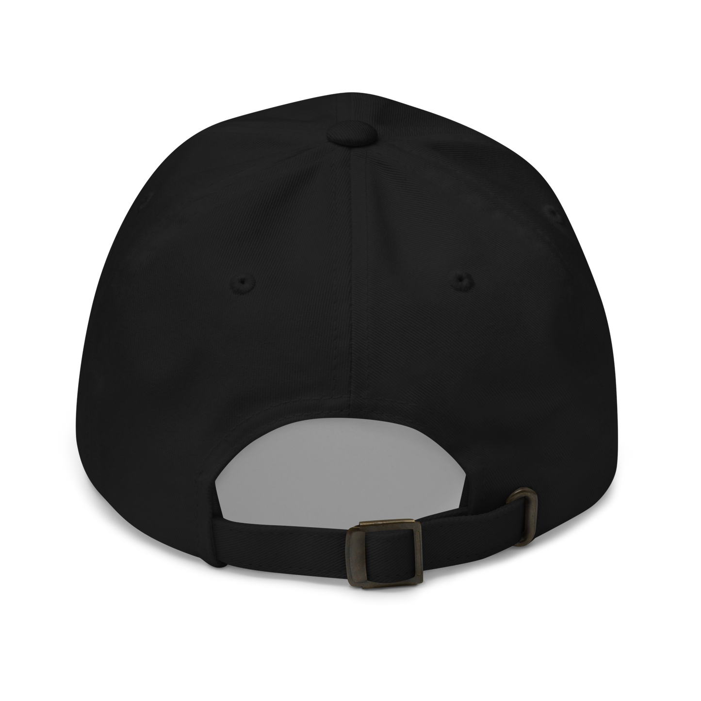 Back view of black golf cap with adjustable strap and subtle stitching details