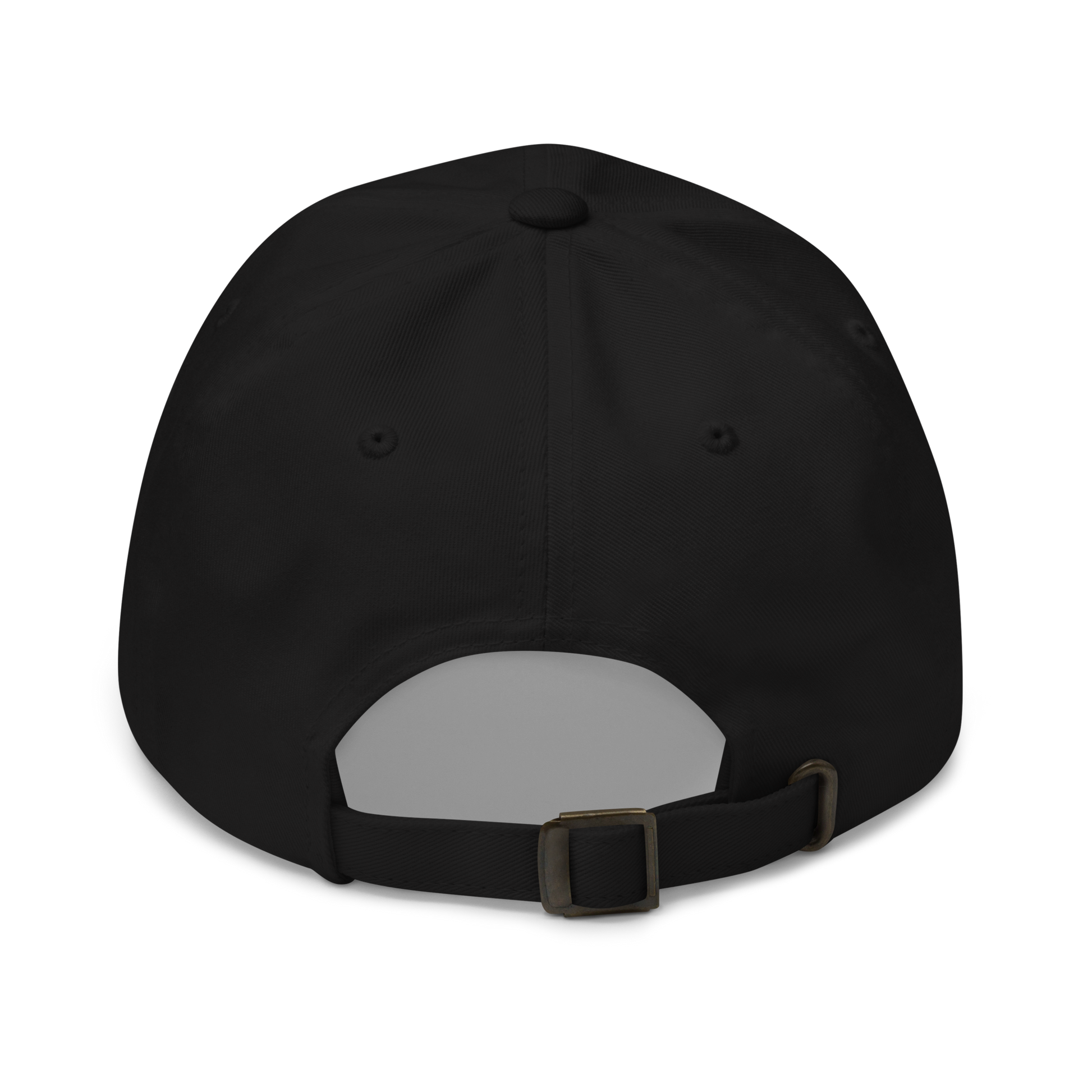 Back view of black golf cap with adjustable strap and subtle stitching details