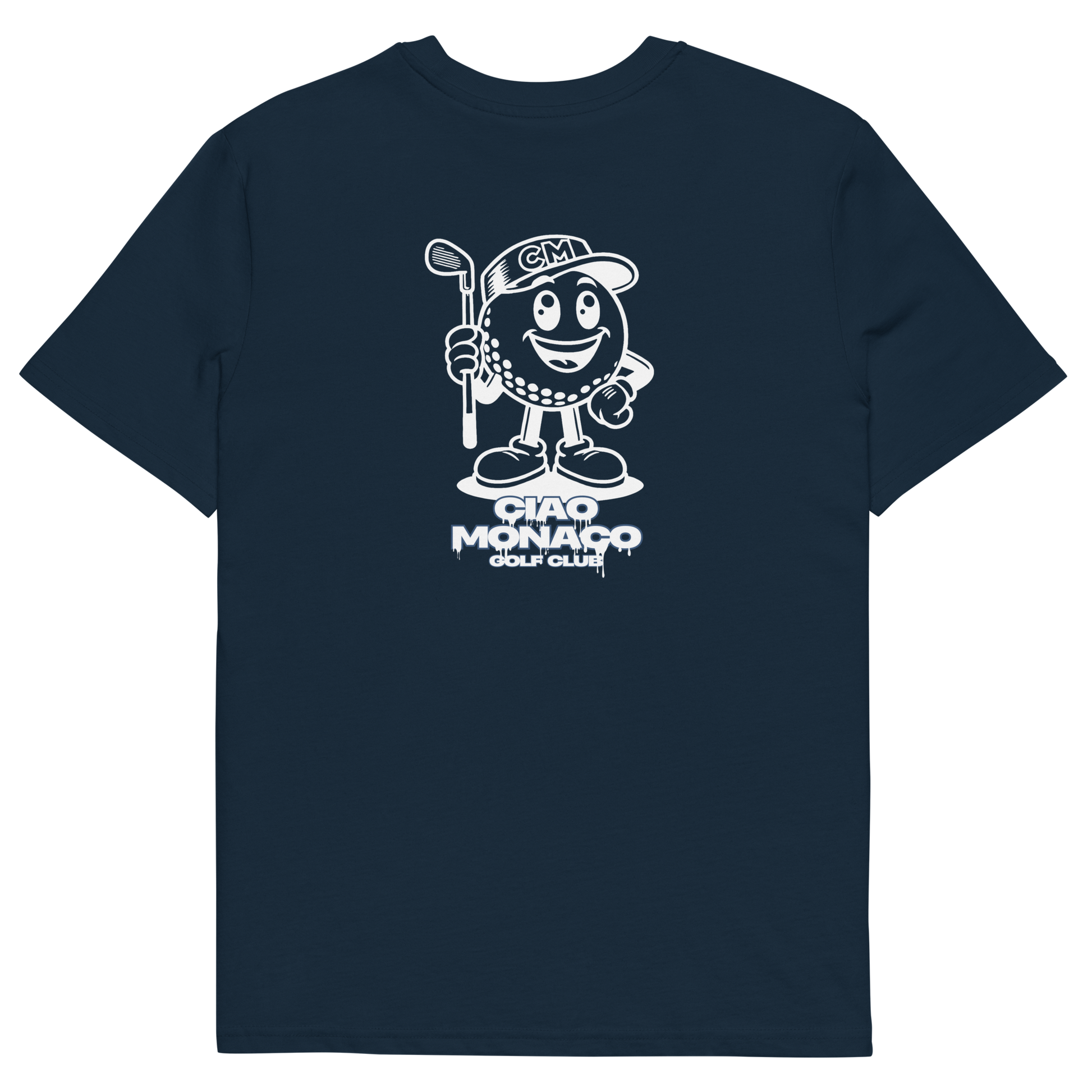 Back view of navy T-shirt featuring iconic white mascot print across the upper back