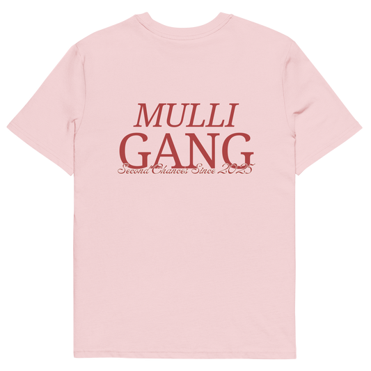 Back view of pink T-shirt featuring bold maroon Mulligang statement print across the upper back