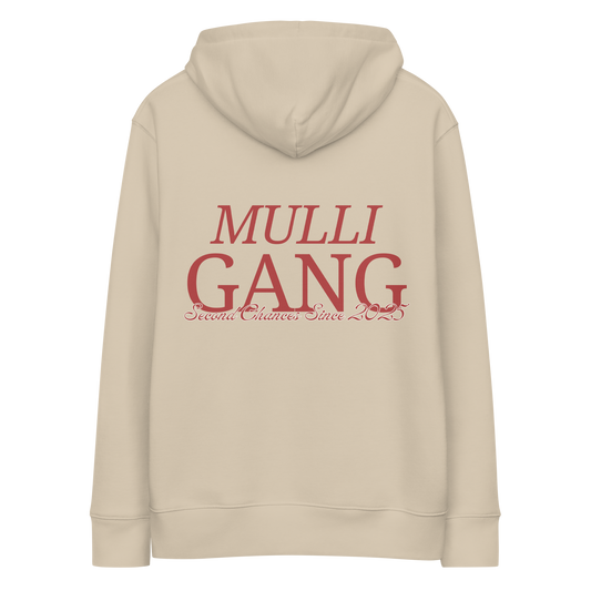 Back view of sand hoodie featuring bold maroon Mulligang statement print across the upper back