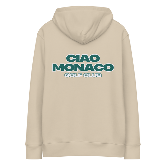 Back view of sand hoodie featuring iconic green logo print across the upper back