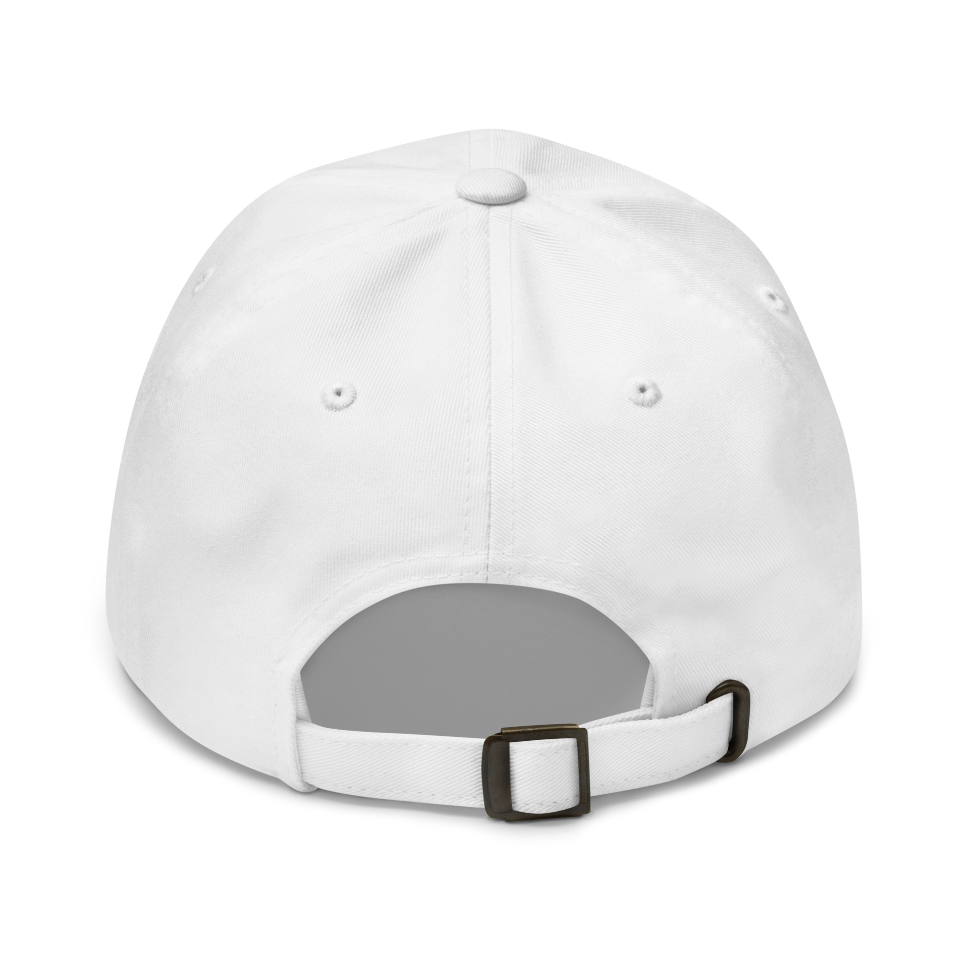 Back view of white golf cap featuring adjustable strap and ventilation eyelets