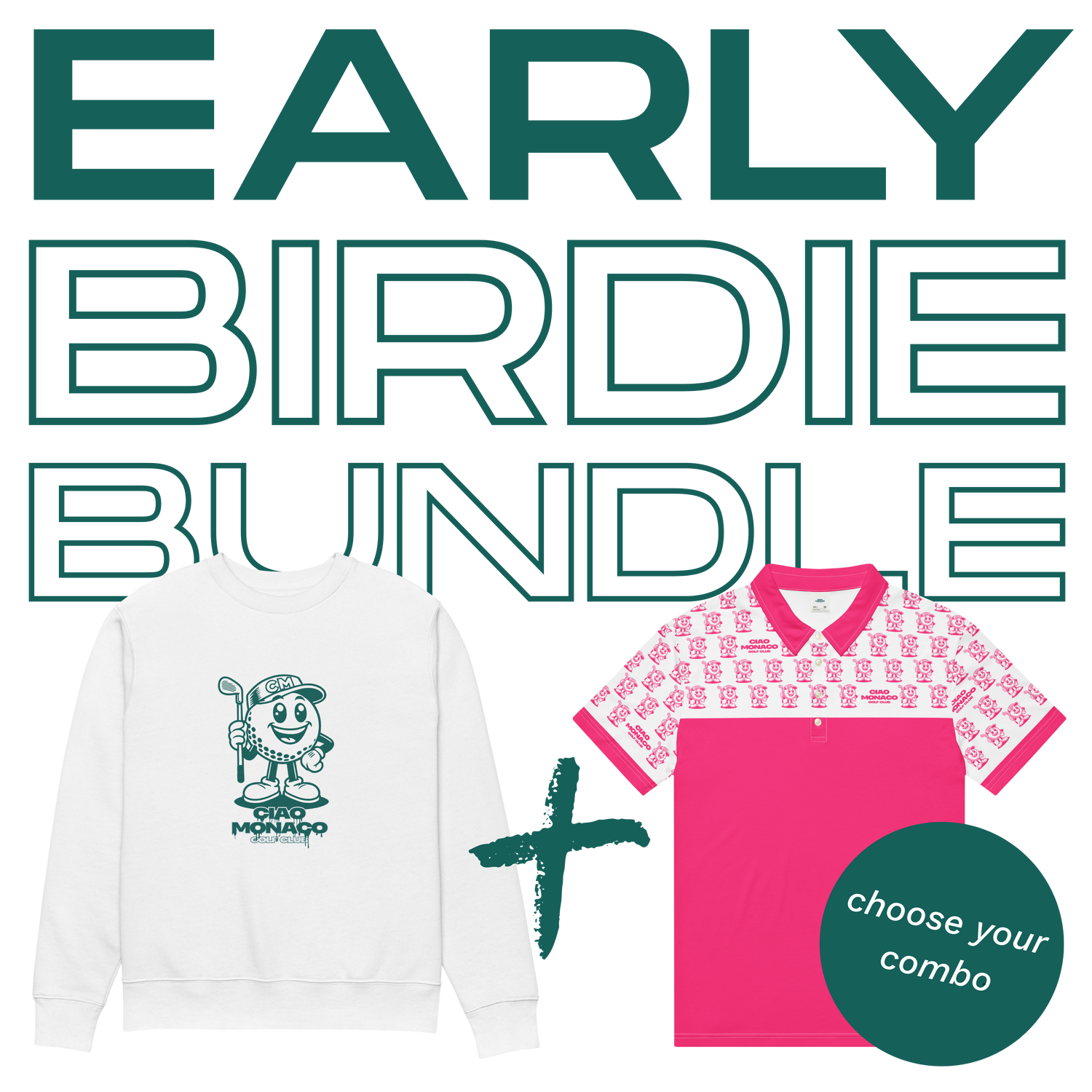 Ciao Monaco golf apparel bundle featuring a colorful polo shirt and matching crew neck sweater 