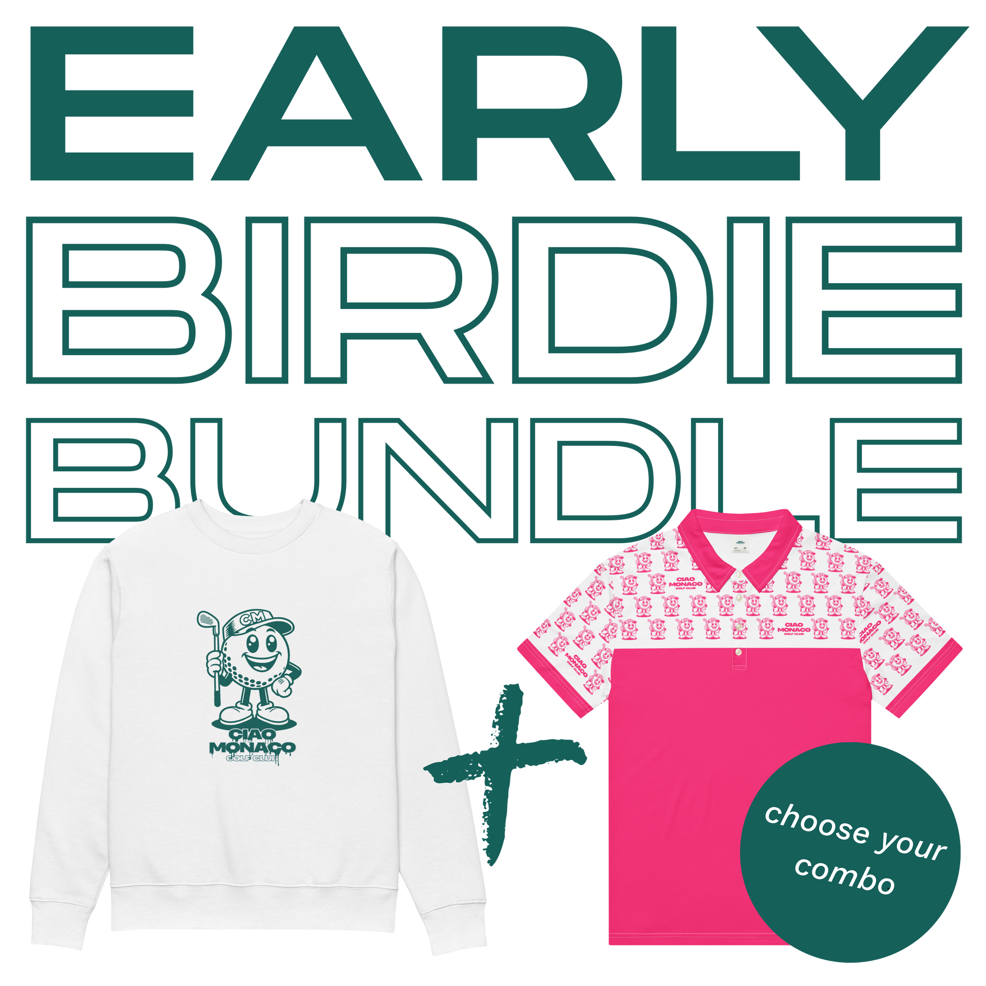 Ciao Monaco golf apparel bundle featuring a colorful polo shirt and matching crew neck sweater 