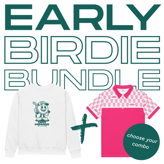 Ciao Monaco golf apparel bundle featuring a colorful polo shirt and matching crew neck sweater 