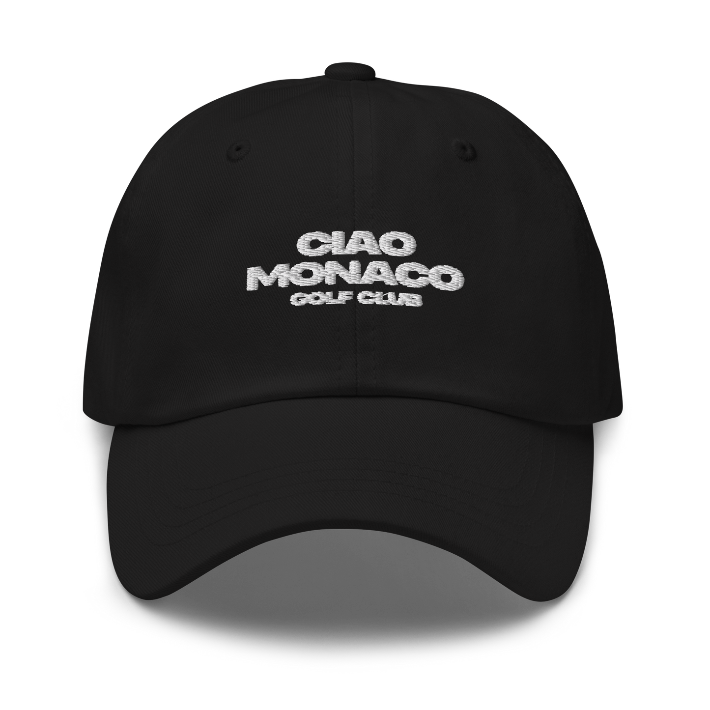 Front view of black golf cap with white ‘Ciao Monaco Golf Club’ embroidered logo