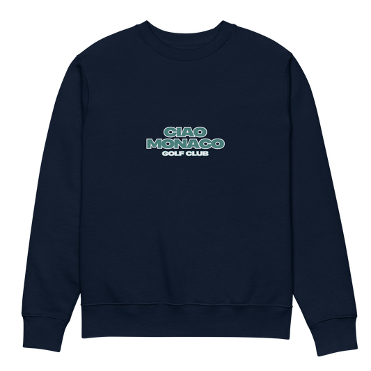 Front view of navy crewneck featuring iconic green logo print on the chest