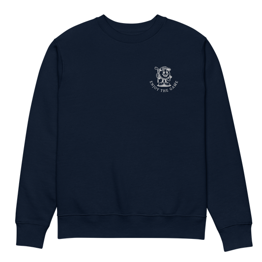 Front view of navy crewneck sweater with white mascot and statement embroidery on the chest