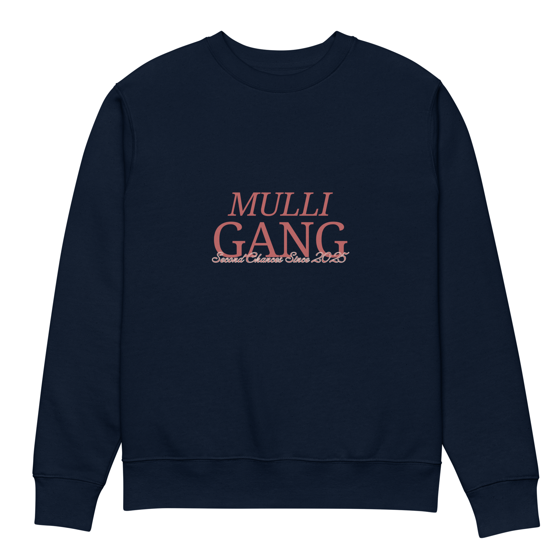 Front view of navy crewneck sweatshirt with bold maroon Mulligang statement print on the chest