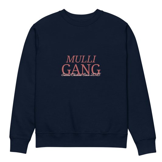 Front view of navy crewneck sweatshirt with bold maroon Mulligang statement print on the chest