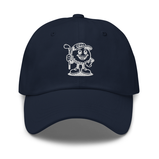 Front view of navy golf cap with white mascot embroidery