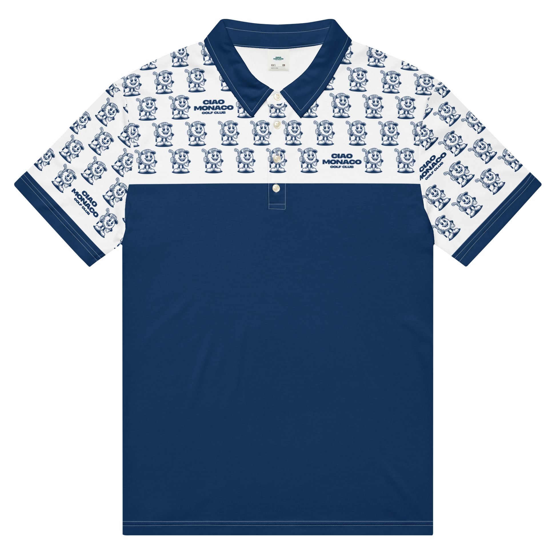Front view of performance golf polo featuring iconic mascot design in navy