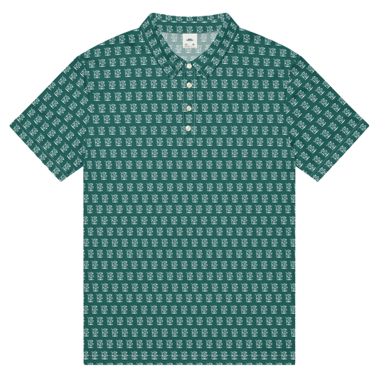 Front view of performance golf polo with allover iconic mascot design in green