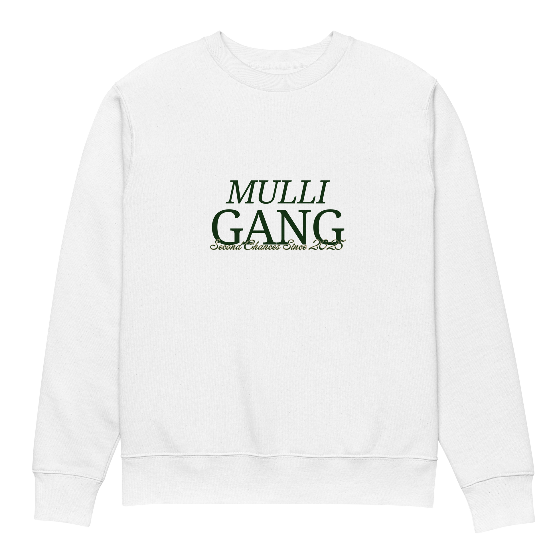 Front view of white crewneck featuring dark green Mulligang statement print in classic serif font
