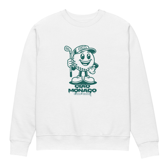 Front view of white crewneck featuring iconic green mascot print centered on the chest