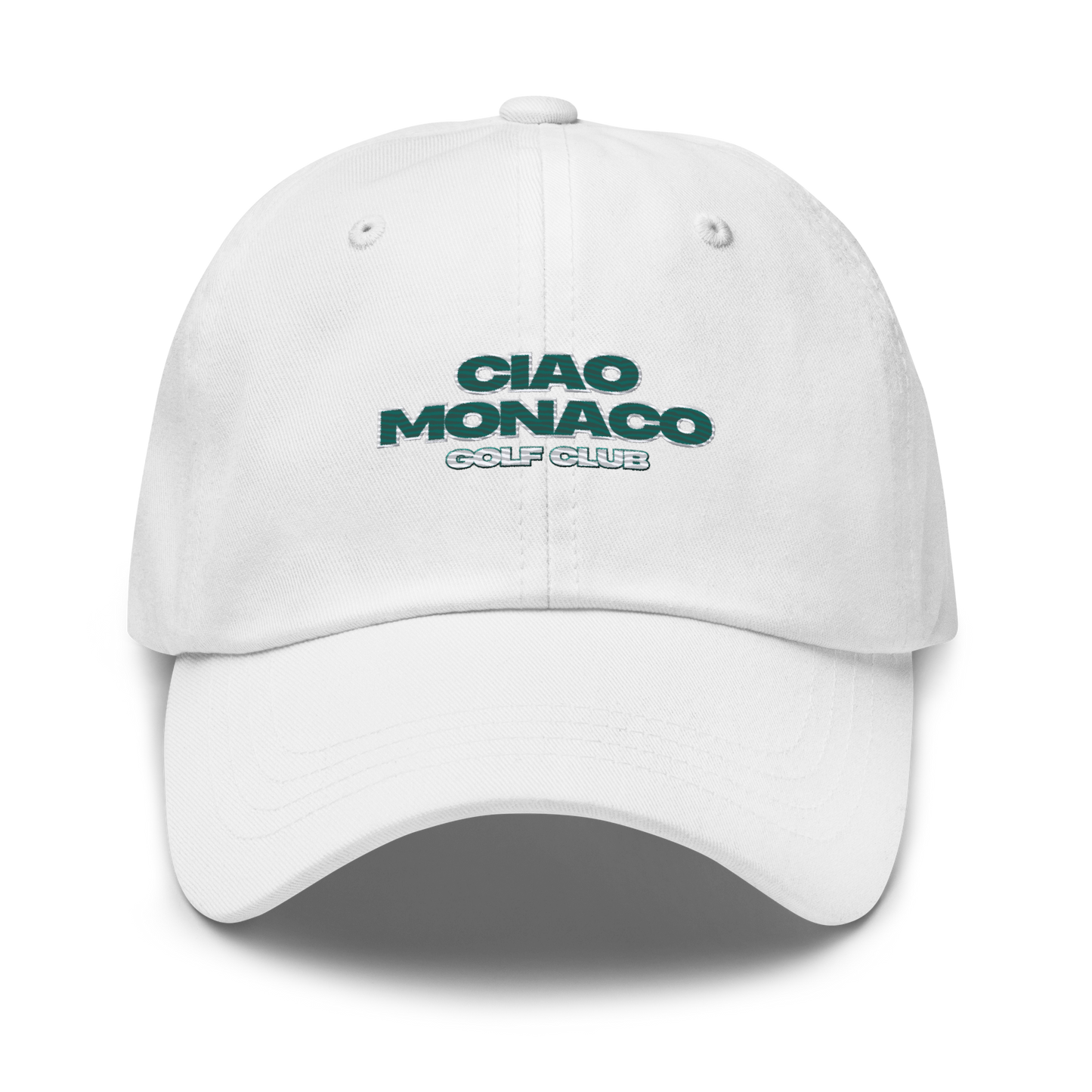Front view of white golf cap with green ‘Ciao Monaco Golf Club’ embroidered logo